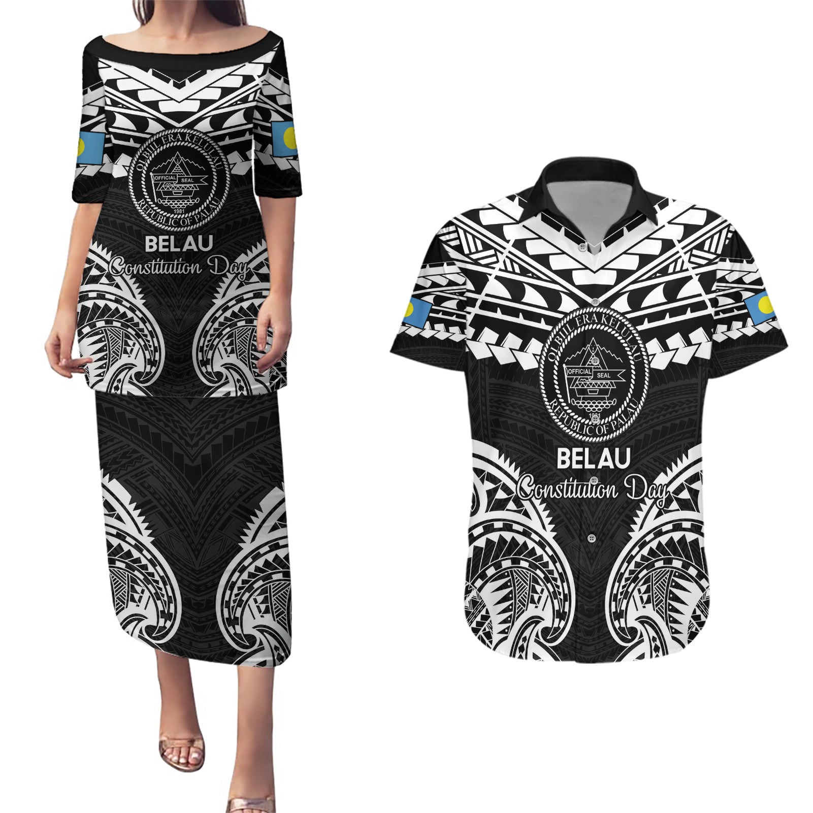 Palau Constitution Day Couples Matching Puletasi and Hawaiian Shirt Belau Seal With Polynesian Pattern - Black