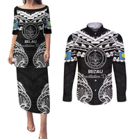 Palau Constitution Day Couples Matching Puletasi and Long Sleeve Button Shirt Belau Seal With Polynesian Pattern - Black