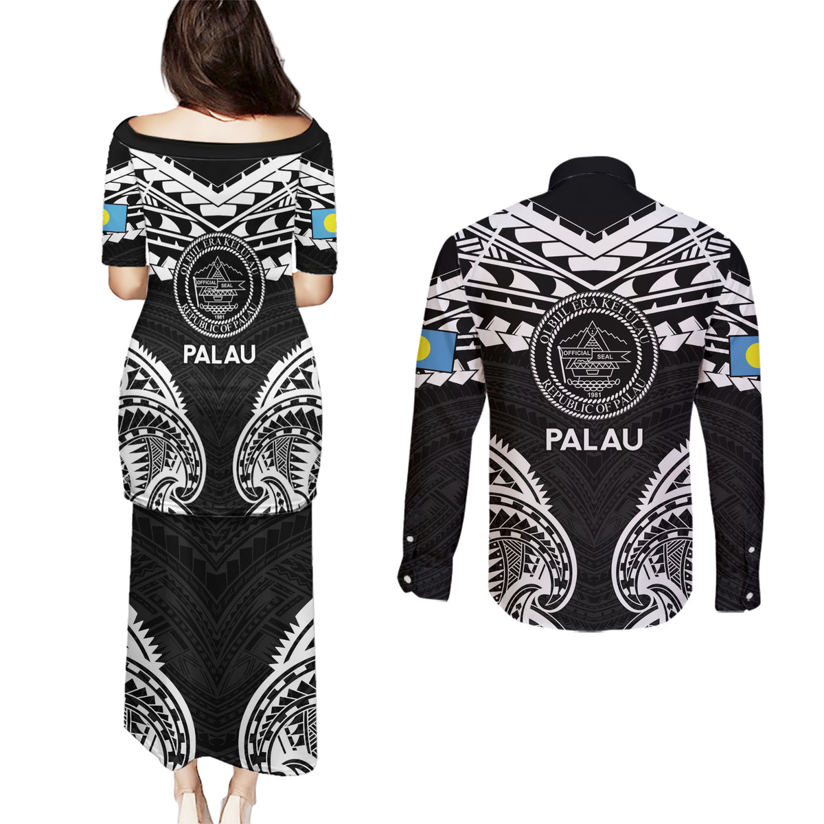 Palau Constitution Day Couples Matching Puletasi and Long Sleeve Button Shirt Belau Seal With Polynesian Pattern - Black