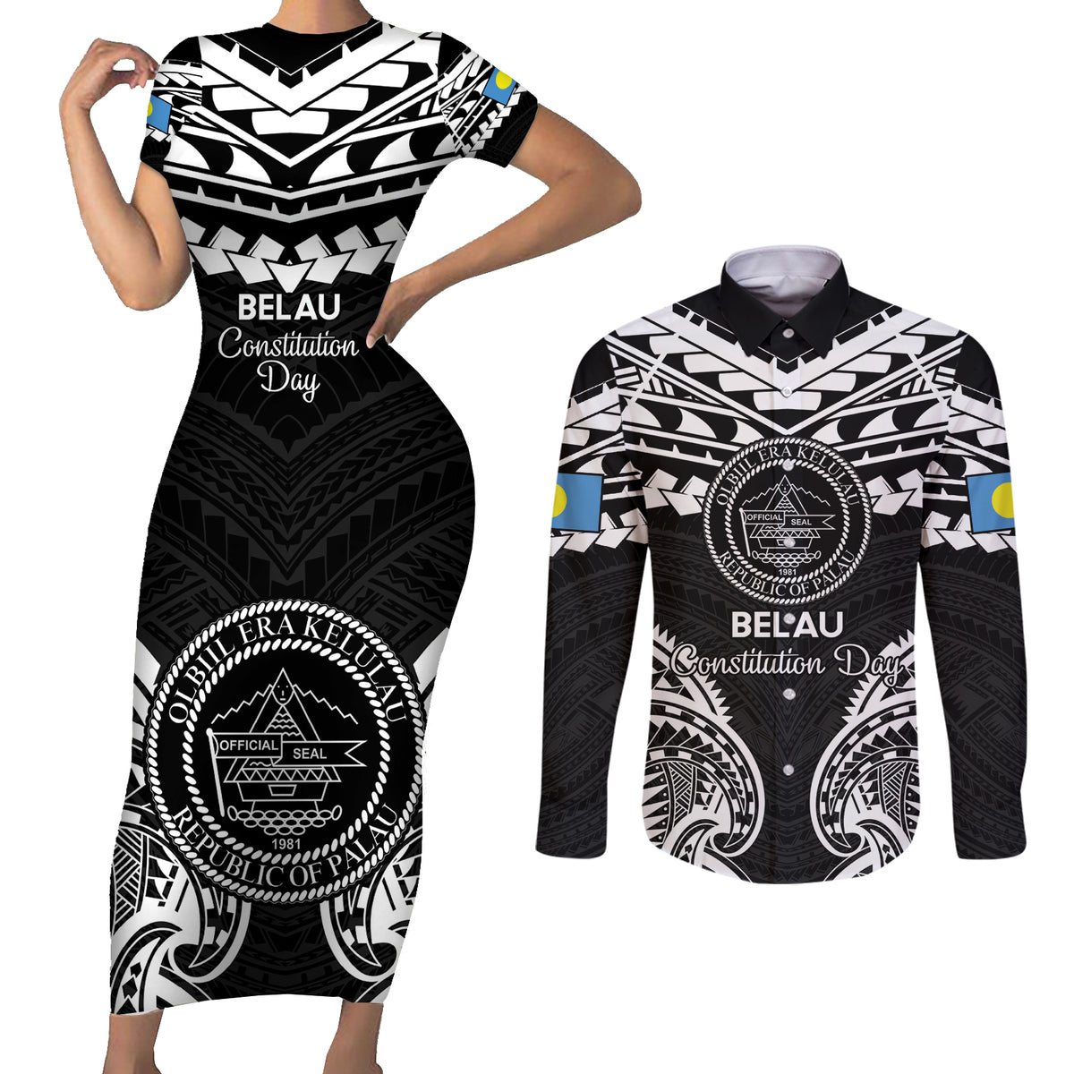 Palau Constitution Day Couples Matching Short Sleeve Bodycon Dress and Long Sleeve Button Shirt Belau Seal With Polynesian Pattern - Black