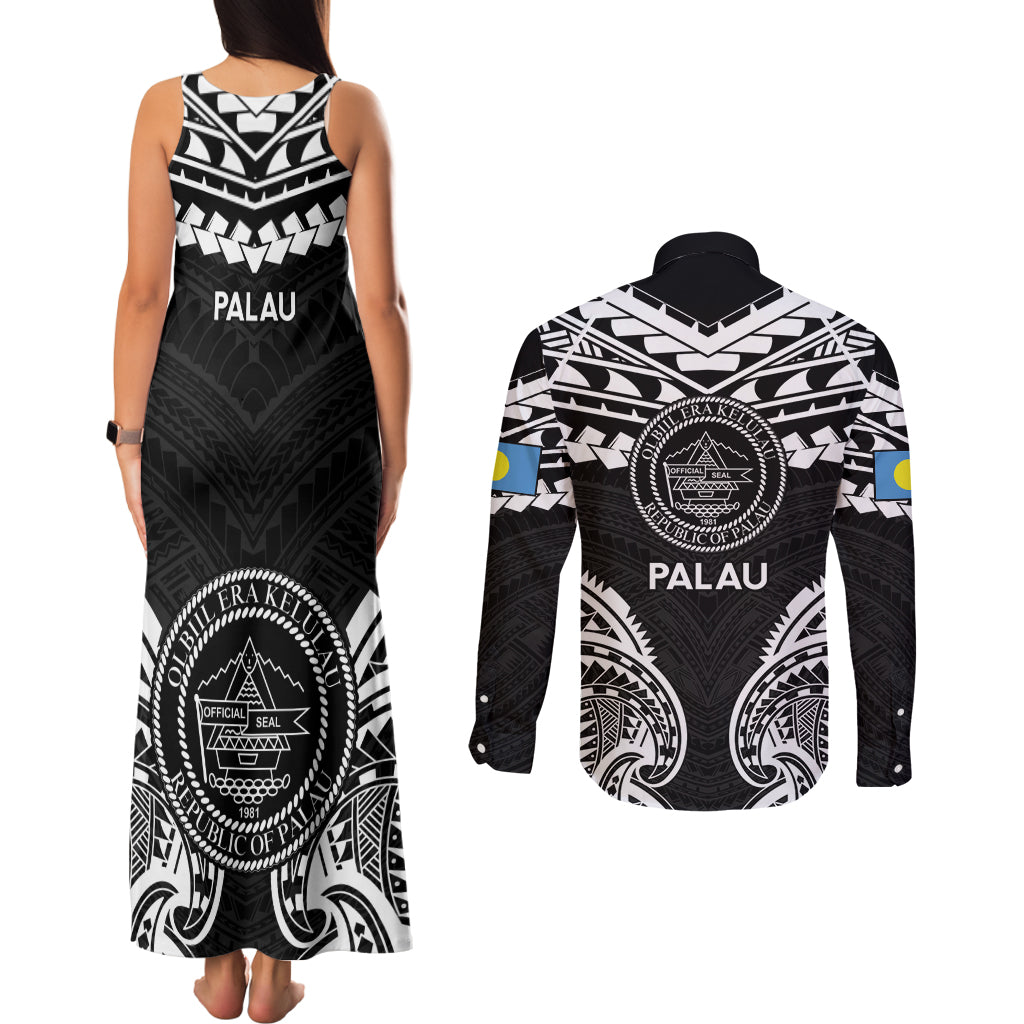 Palau Constitution Day Couples Matching Tank Maxi Dress and Long Sleeve Button Shirt Belau Seal With Polynesian Pattern - Black