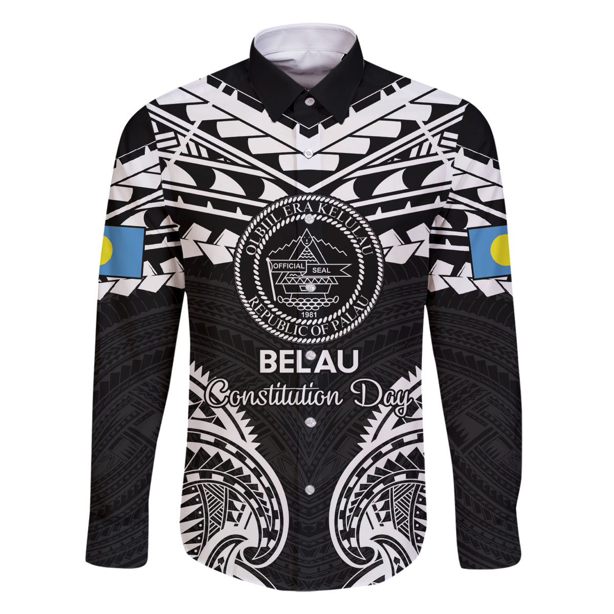 Palau Constitution Day Family Matching Long Sleeve Bodycon Dress and Hawaiian Shirt Belau Seal With Polynesian Pattern - Black
