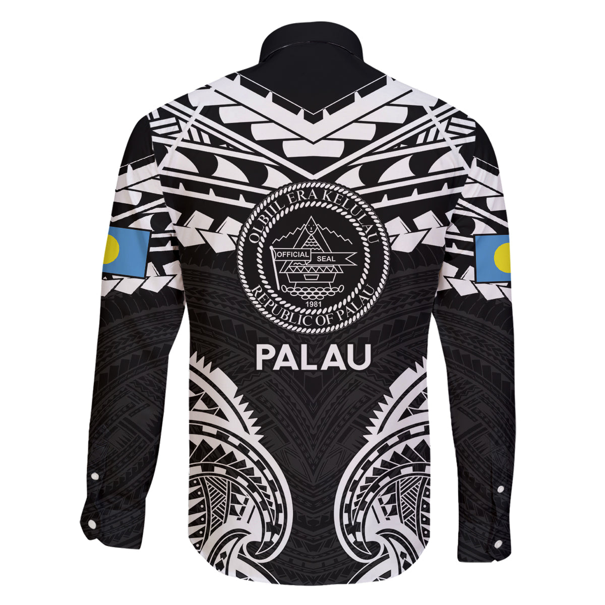 Palau Constitution Day Family Matching Long Sleeve Bodycon Dress and Hawaiian Shirt Belau Seal With Polynesian Pattern - Black