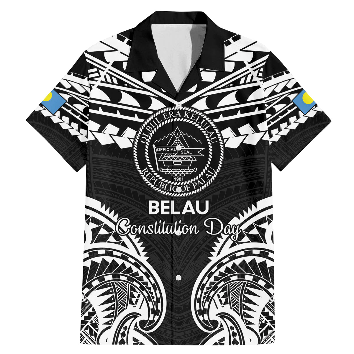 Palau Constitution Day Family Matching Mermaid Dress and Hawaiian Shirt Belau Seal With Polynesian Pattern - Black