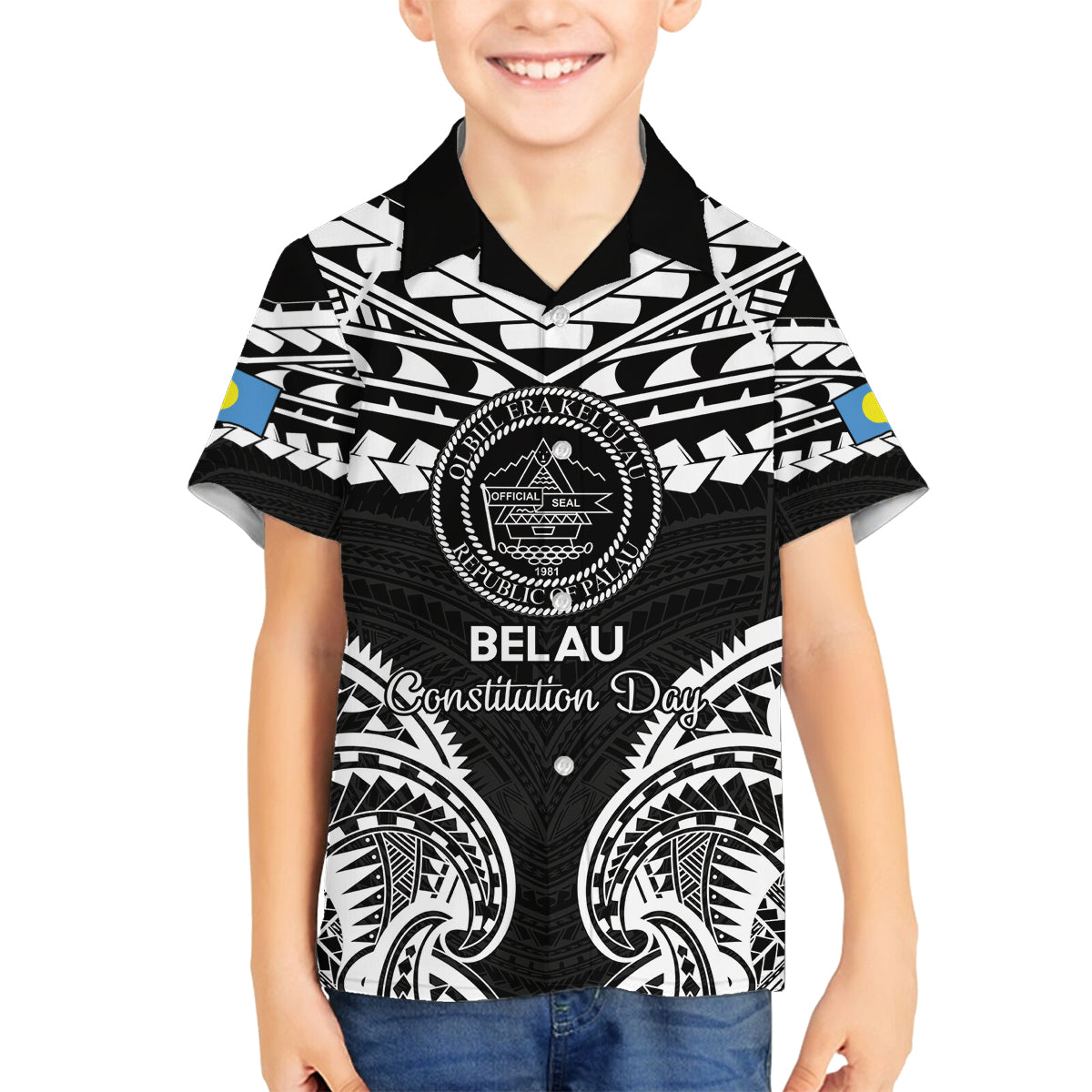 Palau Constitution Day Family Matching Off Shoulder Short Dress and Hawaiian Shirt Belau Seal With Polynesian Pattern - Black