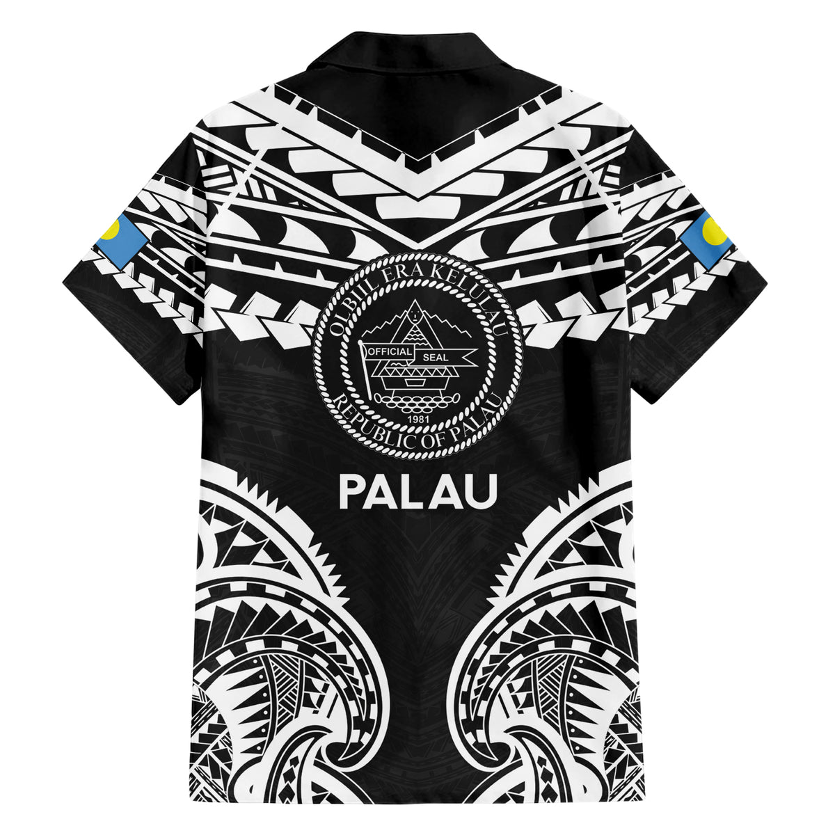 Palau Constitution Day Family Matching Short Sleeve Bodycon Dress and Hawaiian Shirt Belau Seal With Polynesian Pattern - Black