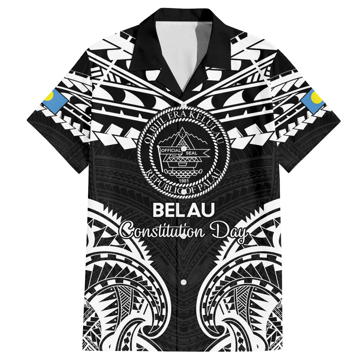 Palau Constitution Day Family Matching Tank Maxi Dress and Hawaiian Shirt Belau Seal With Polynesian Pattern - Black