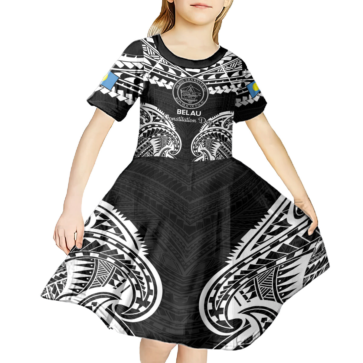 Palau Constitution Day Kid Short Sleeve Dress Belau Seal With Polynesian Pattern - Black