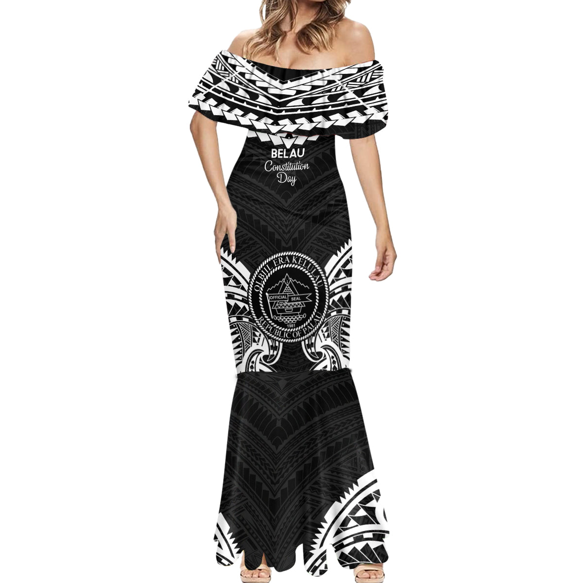 Palau Constitution Day Mermaid Dress Belau Seal With Polynesian Pattern - Black