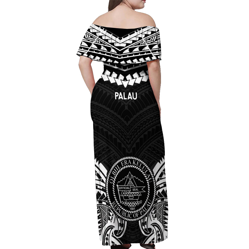 Palau Constitution Day Off Shoulder Maxi Dress Belau Seal With Polynesian Pattern - Black