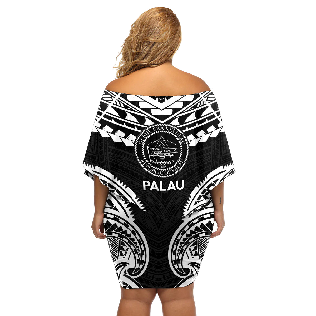 Palau Constitution Day Off Shoulder Short Dress Belau Seal With Polynesian Pattern - Black