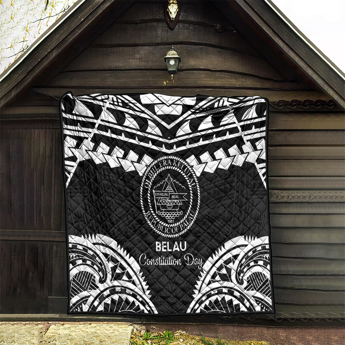 Palau Constitution Day Quilt Belau Seal With Polynesian Pattern - Black