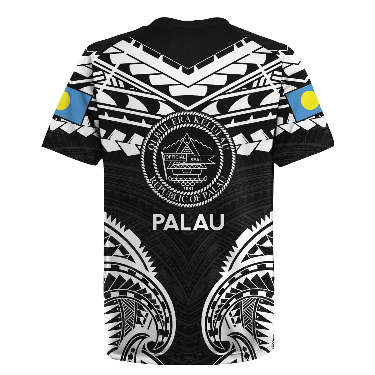Palau Constitution Day Rugby Jersey Belau Seal With Polynesian Pattern - Black