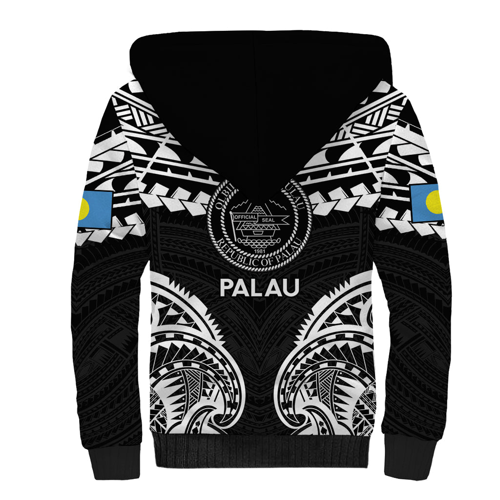 Palau Constitution Day Sherpa Hoodie Belau Seal With Polynesian Pattern - Black