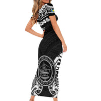 Palau Constitution Day Short Sleeve Bodycon Dress Belau Seal With Polynesian Pattern - Black LT14 - Polynesian Pride