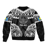 Palau Constitution Day Sleeve Zip Bomber Jacket Belau Seal With Polynesian Pattern - Black