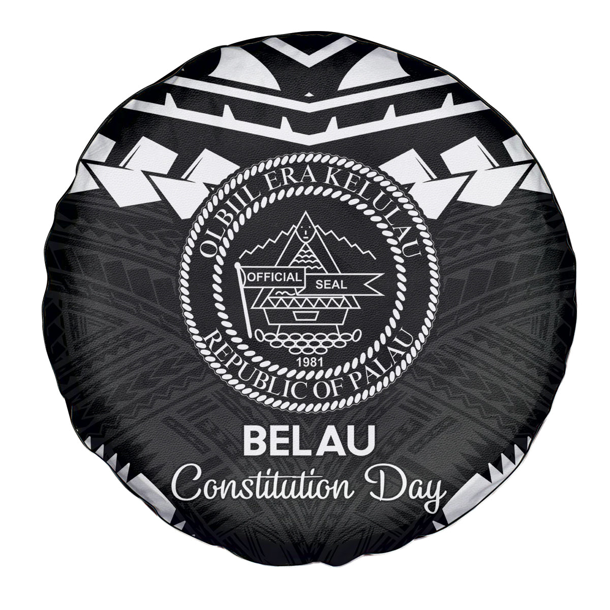 Palau Constitution Day Spare Tire Cover Belau Seal With Polynesian Pattern - Black