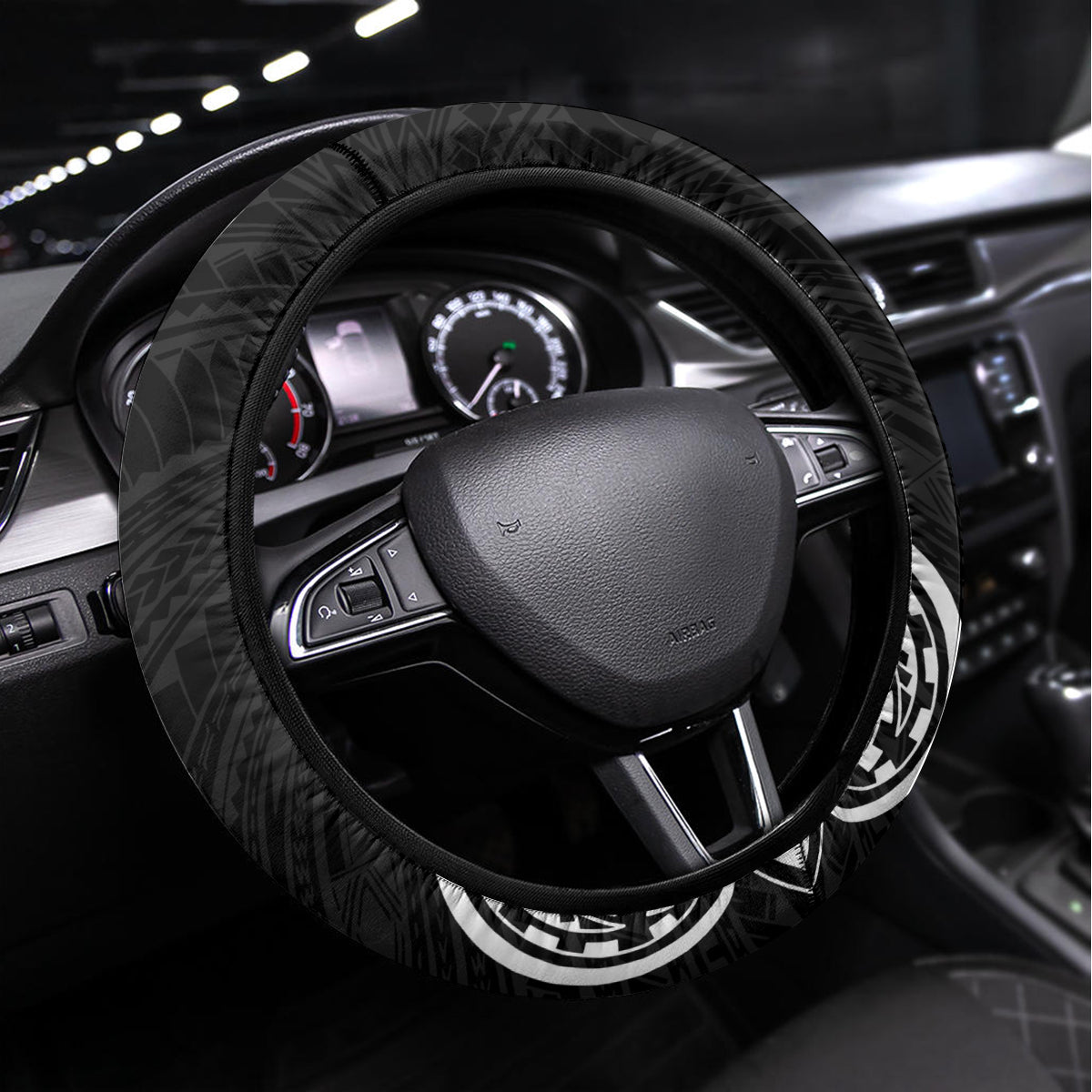 Palau Constitution Day Steering Wheel Cover Belau Seal With Polynesian Pattern - Black