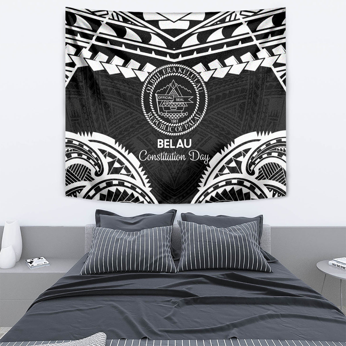 Palau Constitution Day Tapestry Belau Seal With Polynesian Pattern - Black