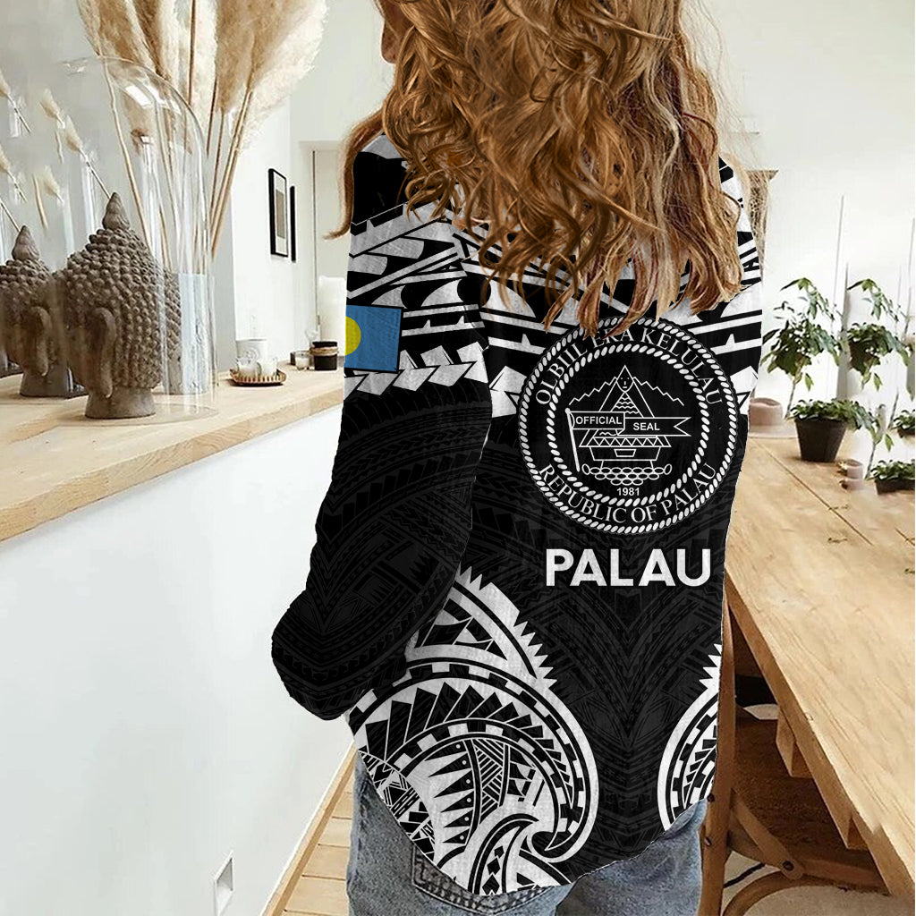 Palau Constitution Day Women Casual Shirt Belau Seal With Polynesian Pattern - Black