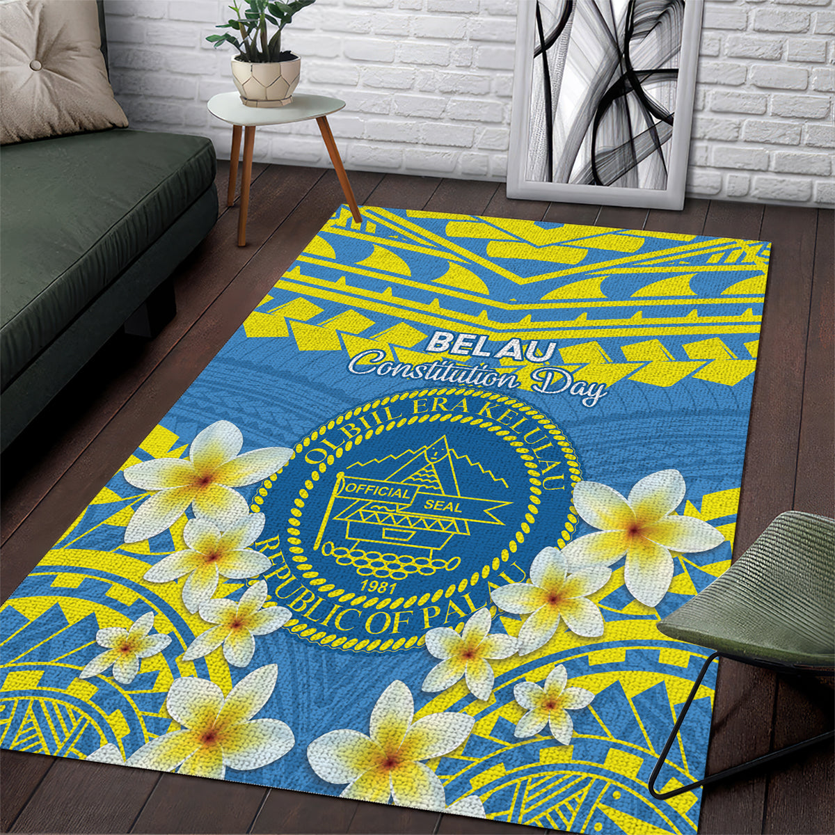 Palau Constitution Day Area Rug Belau Seal With Frangipani Polynesian Pattern - Blue