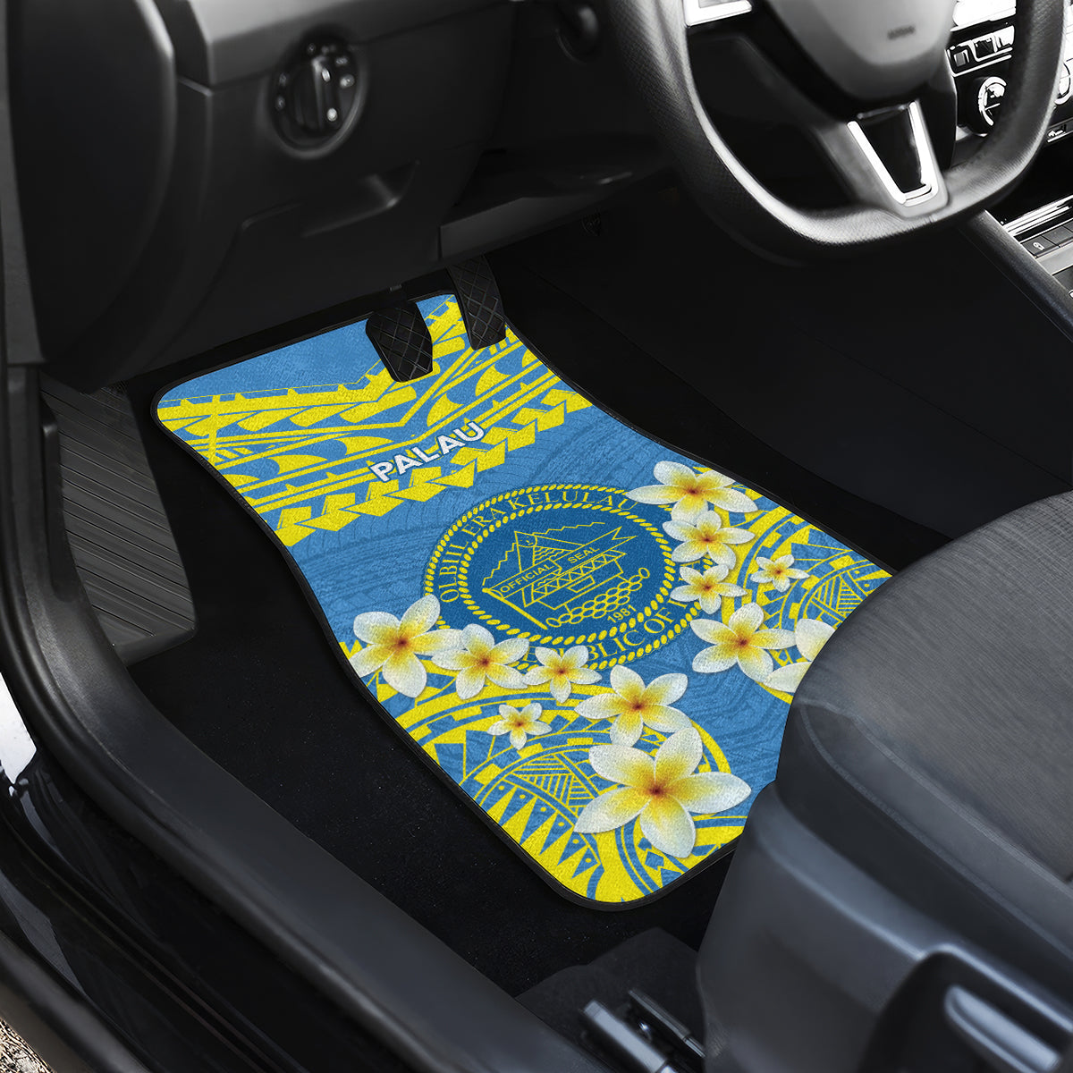 Palau Constitution Day Car Mats Belau Seal With Frangipani Polynesian Pattern - Blue