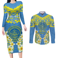 Palau Constitution Day Couples Matching Long Sleeve Bodycon Dress and Long Sleeve Button Shirt Belau Seal With Frangipani Polynesian Pattern - Blue