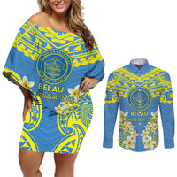 Palau Constitution Day Couples Matching Off Shoulder Short Dress and Long Sleeve Button Shirt Belau Seal With Frangipani Polynesian Pattern - Blue