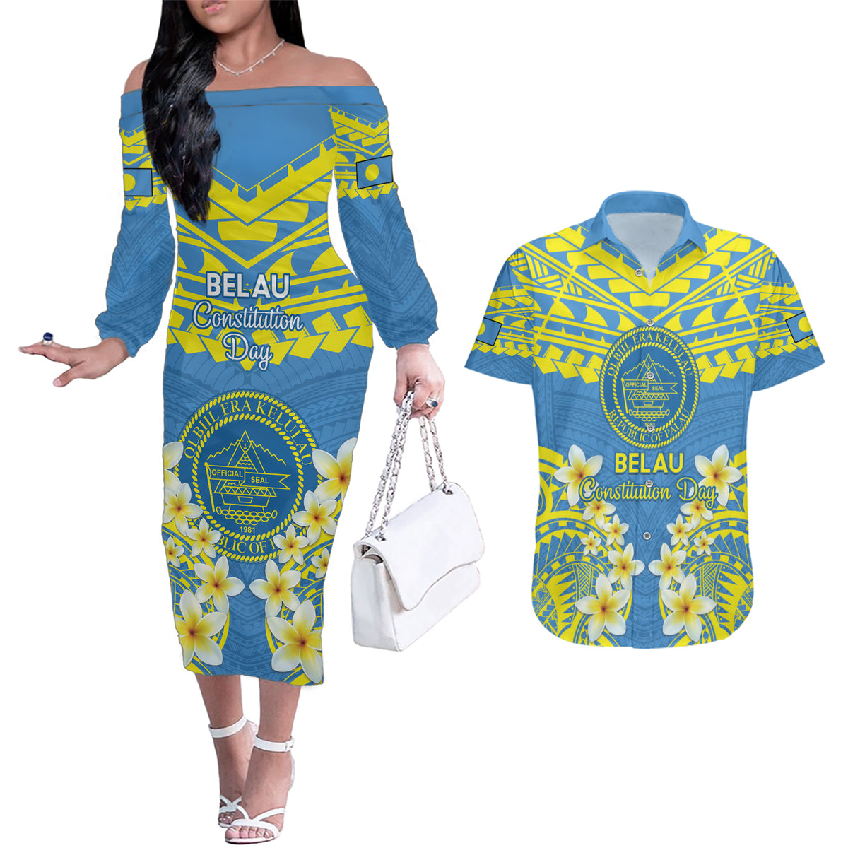 Palau Constitution Day Couples Matching Off The Shoulder Long Sleeve Dress and Hawaiian Shirt Belau Seal With Frangipani Polynesian Pattern - Blue