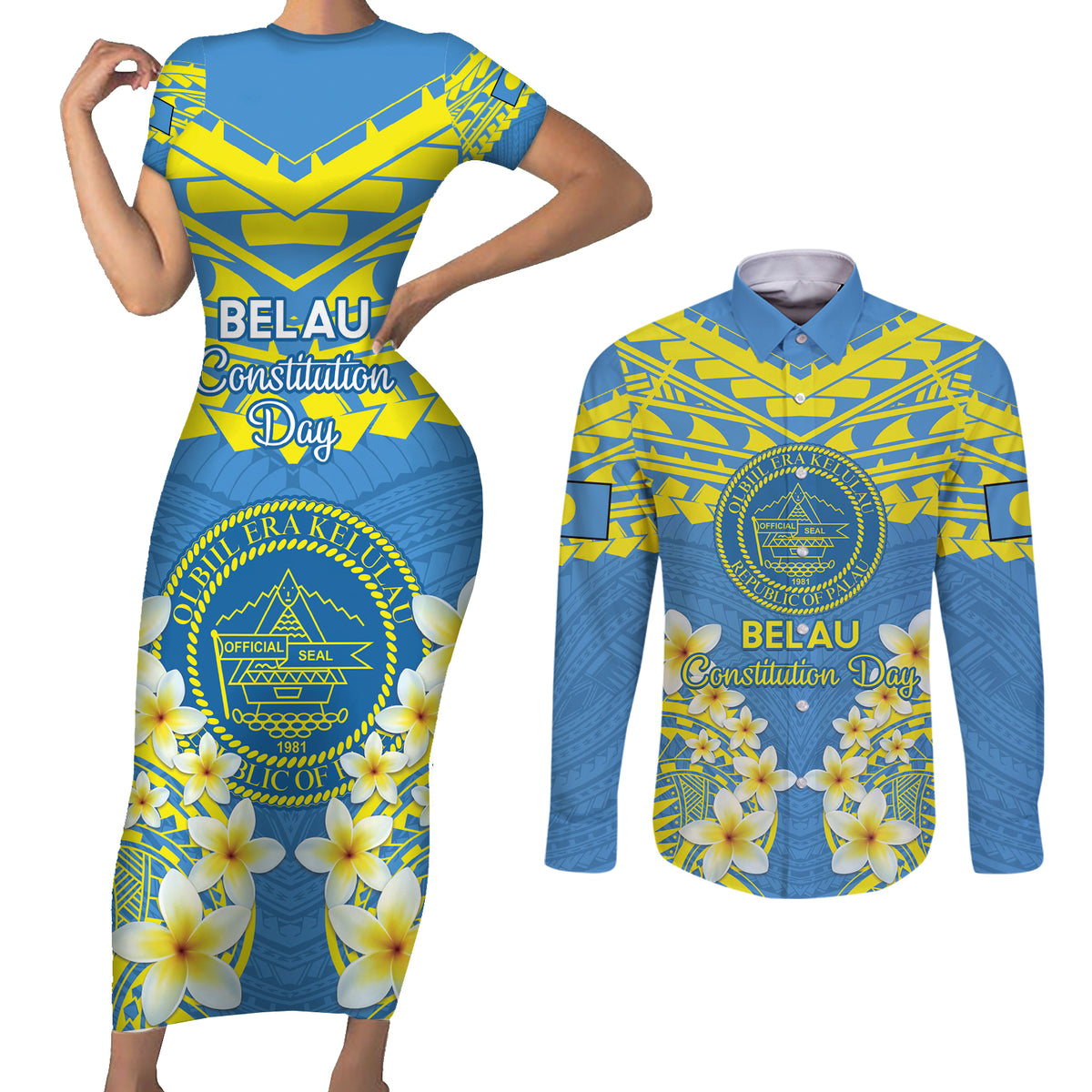 Palau Constitution Day Couples Matching Short Sleeve Bodycon Dress and Long Sleeve Button Shirt Belau Seal With Frangipani Polynesian Pattern - Blue