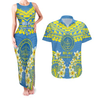 Palau Constitution Day Couples Matching Tank Maxi Dress and Hawaiian Shirt Belau Seal With Frangipani Polynesian Pattern - Blue
