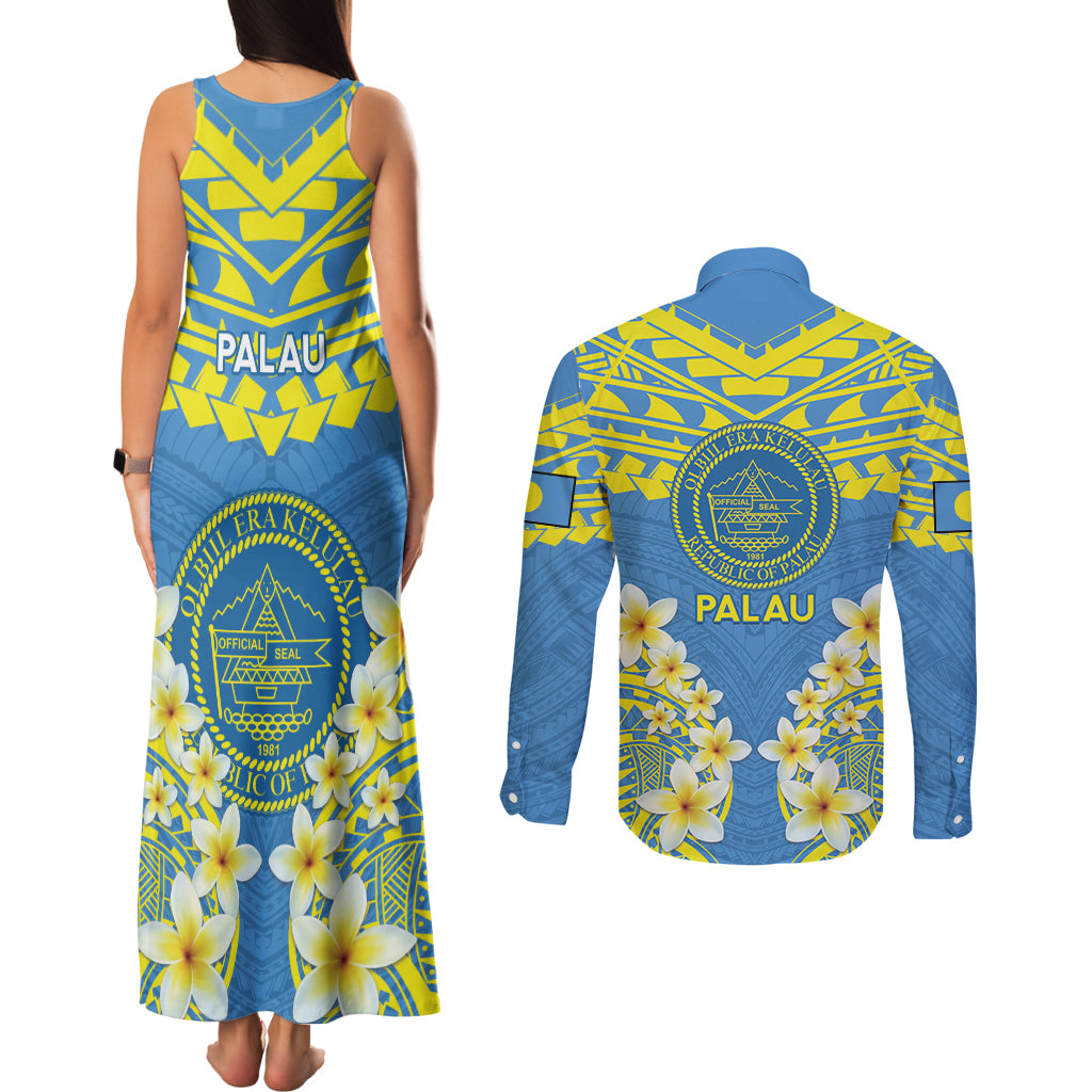 Palau Constitution Day Couples Matching Tank Maxi Dress and Long Sleeve Button Shirt Belau Seal With Frangipani Polynesian Pattern - Blue