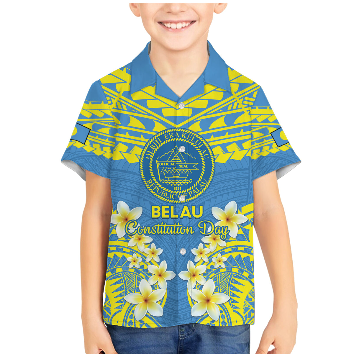 Palau Constitution Day Family Matching Mermaid Dress and Hawaiian Shirt Belau Seal With Frangipani Polynesian Pattern - Blue