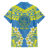 Palau Constitution Day Family Matching Short Sleeve Bodycon Dress and Hawaiian Shirt Belau Seal With Frangipani Polynesian Pattern - Blue