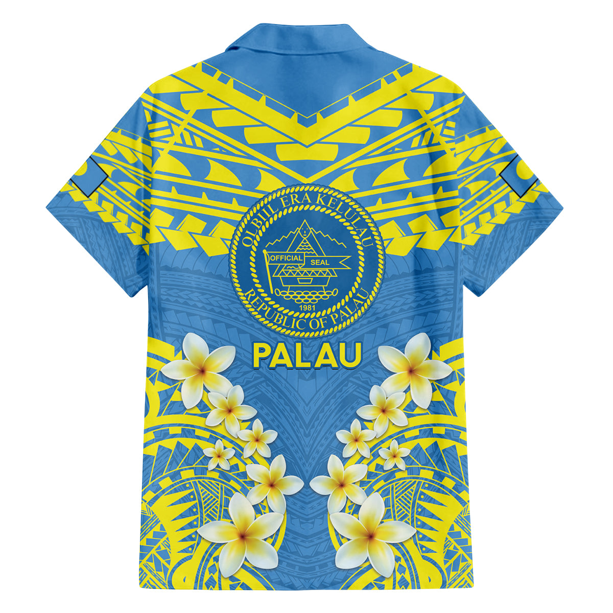 Palau Constitution Day Family Matching Tank Maxi Dress and Hawaiian Shirt Belau Seal With Frangipani Polynesian Pattern - Blue