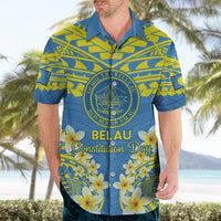 Palau Constitution Day Hawaiian Shirt Belau Seal With Frangipani Polynesian Pattern - Blue