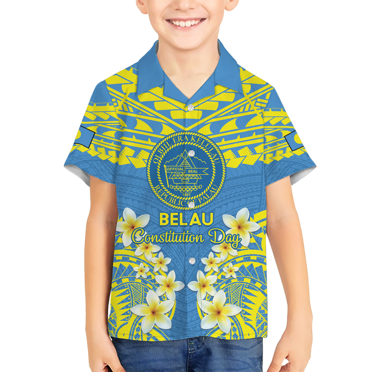 Palau Constitution Day Hawaiian Shirt Belau Seal With Frangipani Polynesian Pattern - Blue