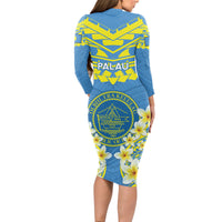 Palau Constitution Day Long Sleeve Bodycon Dress Belau Seal With Frangipani Polynesian Pattern - Blue