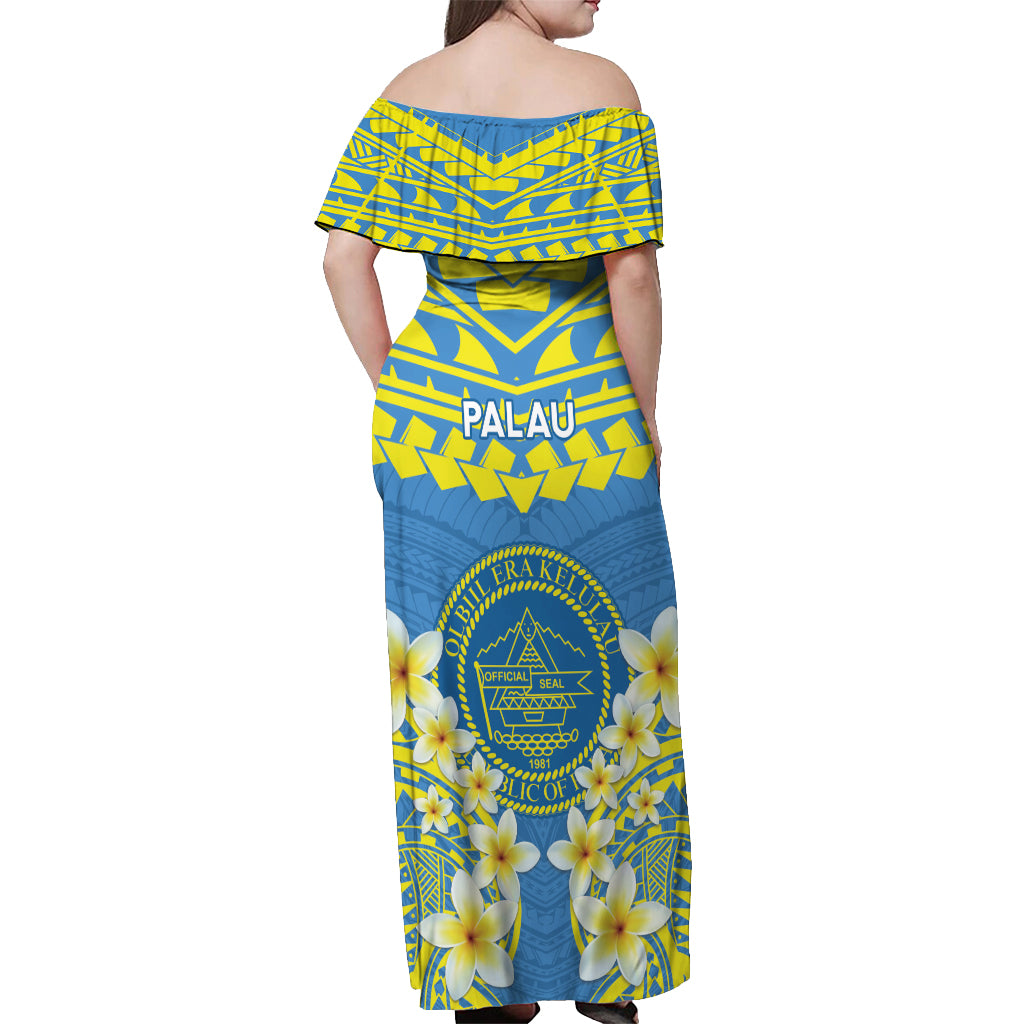 Palau Constitution Day Off Shoulder Maxi Dress Belau Seal With Frangipani Polynesian Pattern - Blue
