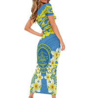 Palau Constitution Day Short Sleeve Bodycon Dress Belau Seal With Frangipani Polynesian Pattern - Blue