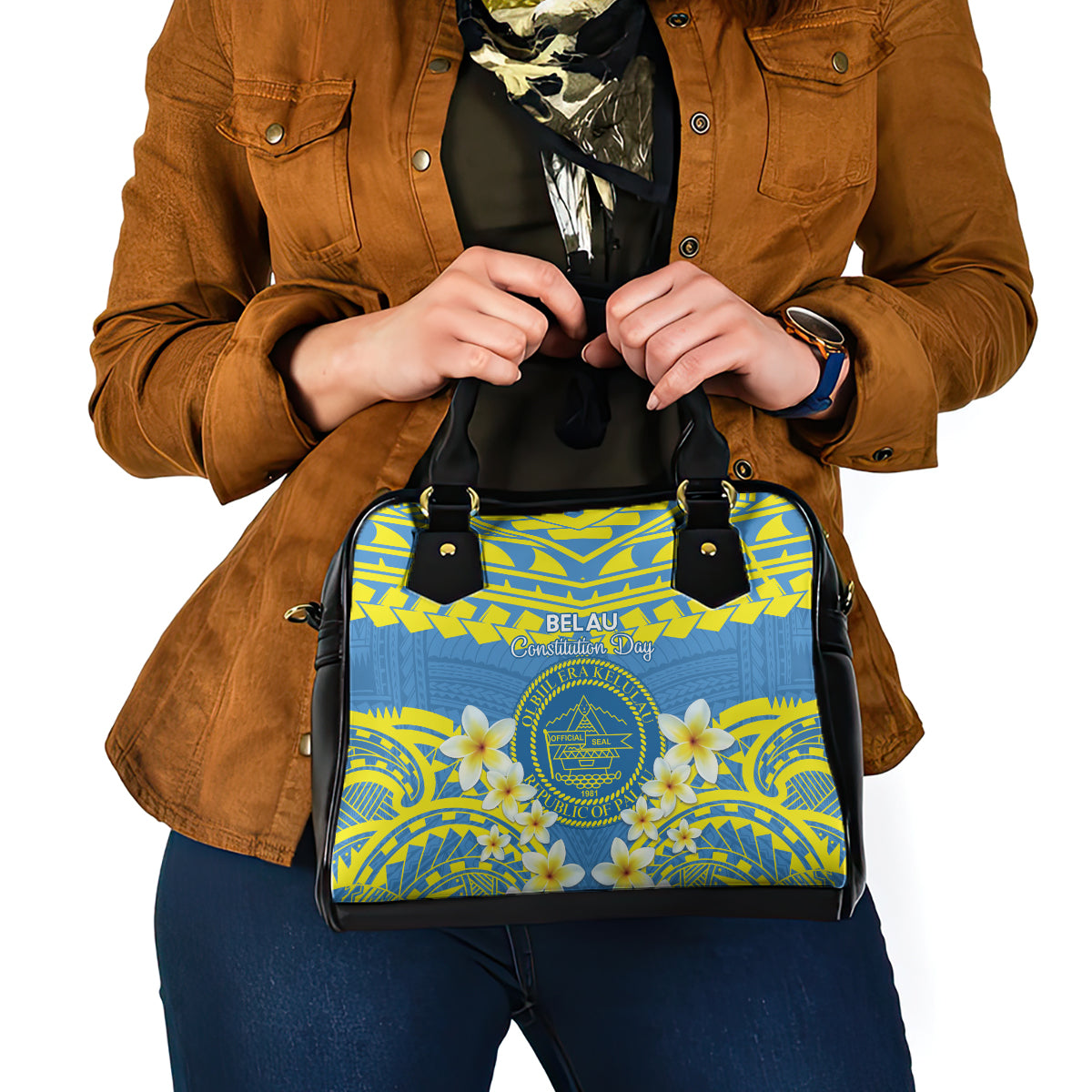 Palau Constitution Day Shoulder Handbag Belau Seal With Frangipani Polynesian Pattern - Blue