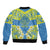 Palau Constitution Day Sleeve Zip Bomber Jacket Belau Seal With Frangipani Polynesian Pattern - Blue