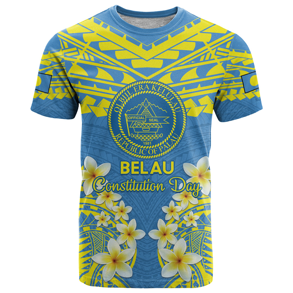 Palau Constitution Day T Shirt Belau Seal With Frangipani Polynesian Pattern - Blue
