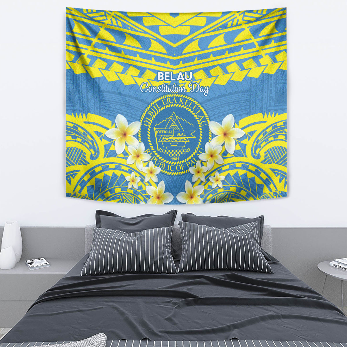 Palau Constitution Day Tapestry Belau Seal With Frangipani Polynesian Pattern - Blue