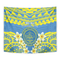 Palau Constitution Day Tapestry Belau Seal With Frangipani Polynesian Pattern - Blue