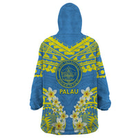 Palau Constitution Day Wearable Blanket Hoodie Belau Seal With Frangipani Polynesian Pattern - Blue