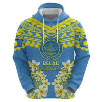 Palau Constitution Day Zip Hoodie Belau Seal With Frangipani Polynesian Pattern - Blue