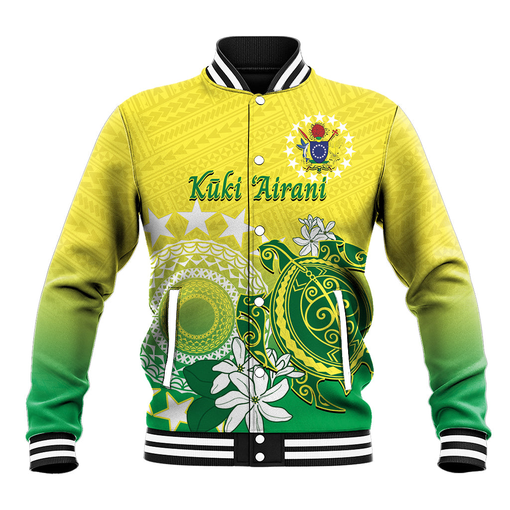 Cook Islands Independence Day Baseball Jacket Kuki Airani Tiare Maori Polynesian Pattern - Green