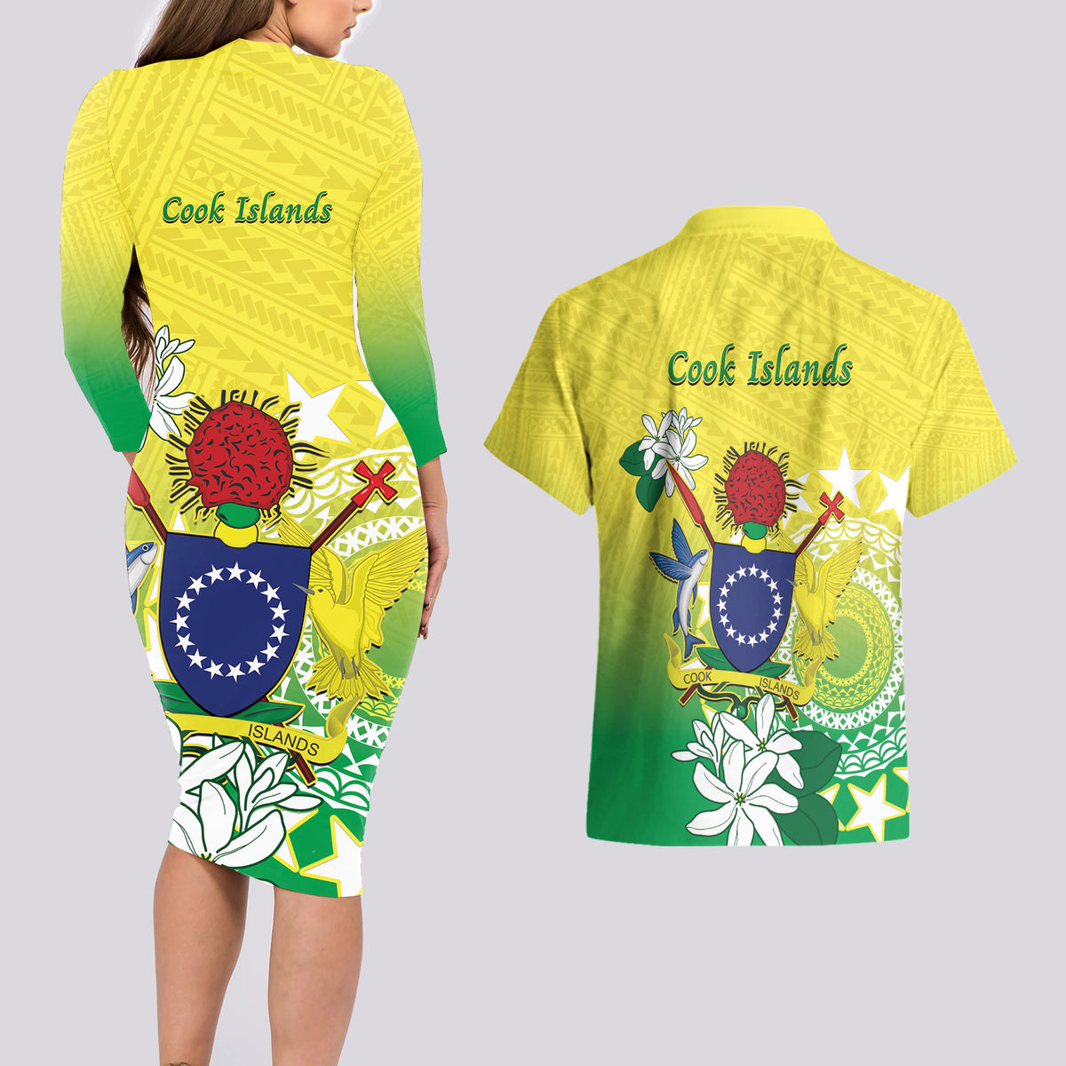 Cook Islands Independence Day Couples Matching Long Sleeve Bodycon Dress and Hawaiian Shirt Kuki Airani Tiare Maori Polynesian Pattern - Green
