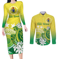 Cook Islands Independence Day Couples Matching Long Sleeve Bodycon Dress and Long Sleeve Button Shirt Kuki Airani Tiare Maori Polynesian Pattern - Green